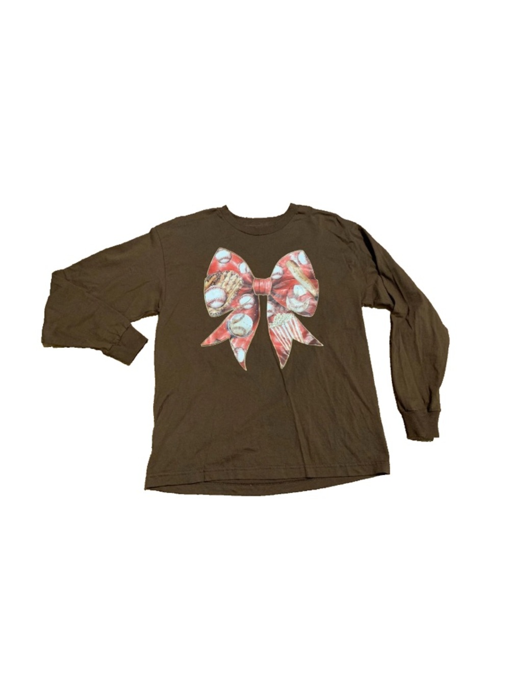 Youth sz XL Brown LS Brown Cotton T-shirt w/ Bow Baseball & Mitt + Popcorn VGUC+